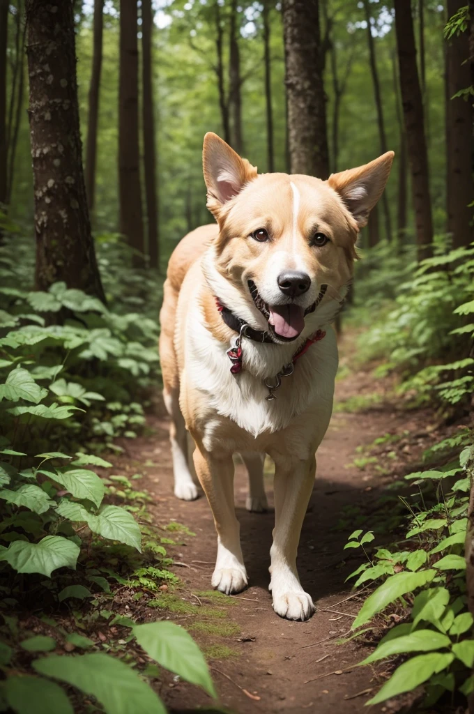 An adventurous dog in a silent forest
