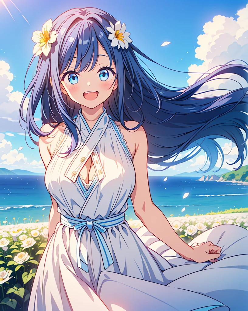 (Highest quality, 32k, High resolution, Masterpiece:1.5, ), One Girl, Cute anime-style illustrations, god々It has a brilliant and healing power., , Expressing emotions, Have a rich imagination, Cute Japanese Girls, Perfect Human Anatomy, Big light blue eyes, Motherhood and generosity, Deep Love, ((A happy smile:1.6)), Shiny blue hair, Super long straight silk hair swaying in the wind, Asymmetrical bangs, Hair between the eyes, Transparent, soft white skin, Sharp eyebrows, Thin lashes, Natural Makeup, Cheek highlighter, Detailed and cute lips, (White dress:1.2), ((A flower field that stretches to the horizon:1.2)), Slim figure with ample breasts, Beautifully detailed skies, ((Vibrant petal effect:1.2)), god秘的