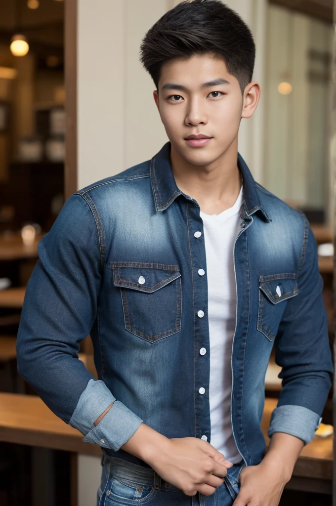 ((realistic daylight)) , Young Korean man in black sports shirt only, no pattern, denim shirt, jeans., A handsome, muscular young Asian man looks at the camera. , in the restaurant ,turn sideways