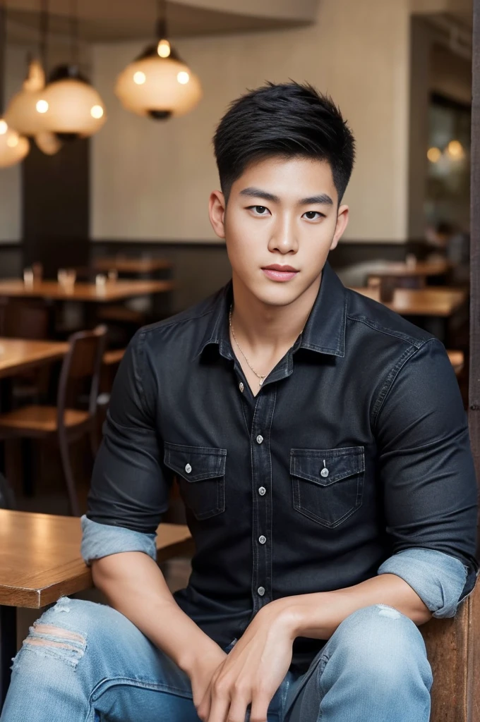 ((realistic daylight)) , Young Korean man in black sports shirt only, no pattern, denim shirt, jeans., A handsome, muscular young Asian man looks at the camera.  , in the restaurant ,turn sideways