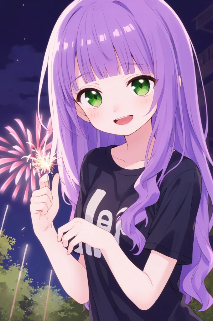 (masterpiece), best quality, expressive eyes, perfect face, solo, ,
long hair, wavy hair, blunt bangs, purple hair, green eyes, flat chest, black t-shirt, smile, open mouth, short sleeves,
forest, night, fireworks,