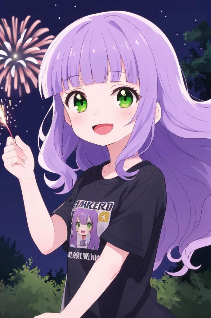 (masterpiece), best quality, expressive eyes, perfect face, solo, , 
long hair, wavy hair, blunt bangs, purple hair, green eyes, flat chest, black t-shirt, smile, open mouth, short sleeves, 
forest, night, fireworks,