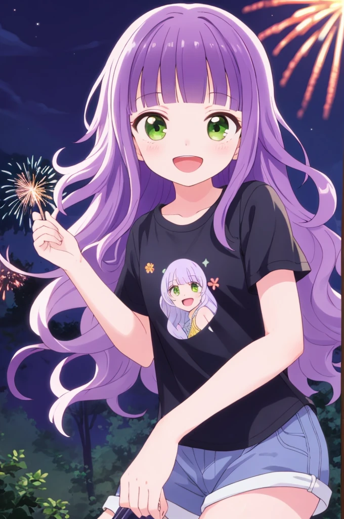 (masterpiece), best quality, expressive eyes, perfect face, solo, , 
long hair, wavy hair, blunt bangs, purple hair, green eyes, flat chest, black t-shirt, smile, open mouth, short sleeves, 
forest, night, fireworks,