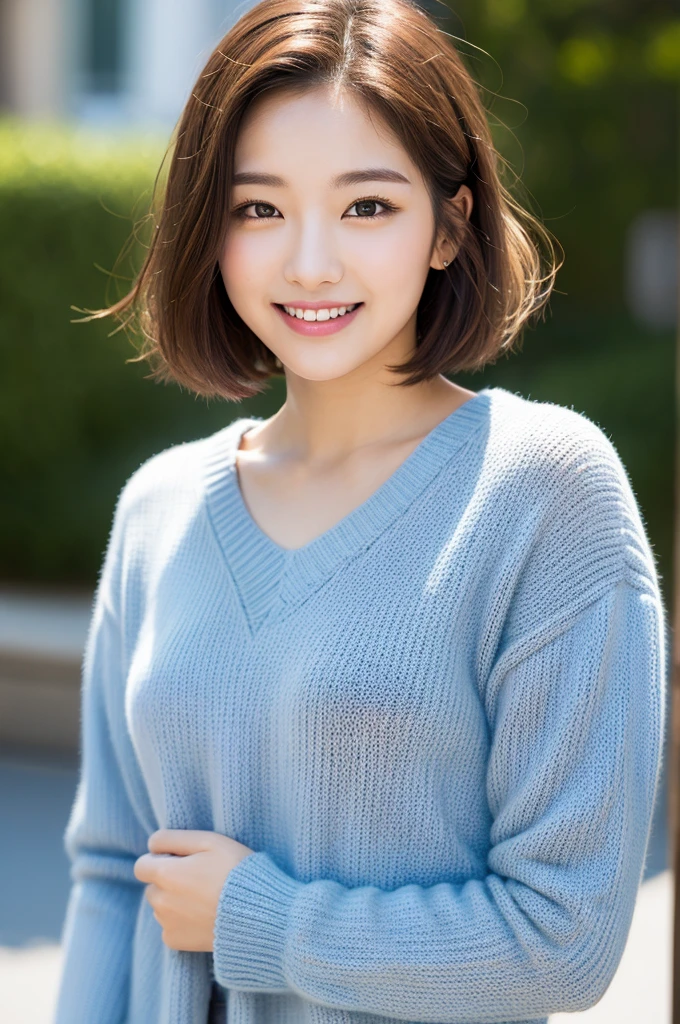 (top-quality、8K、32K、masterpiece、nffsw:1.2、Perfect Body Beauty:1.4、Slim abs:1.2、Layered hairstyle、middlebreast:1.2、A smile、Rain、Street、:1.2、Photo of a cute Japanese woman、big chest necklace、The upper part of the body、focal、Oversize_Sweaters、a necklace、simple background、From above、looking at the viewers、