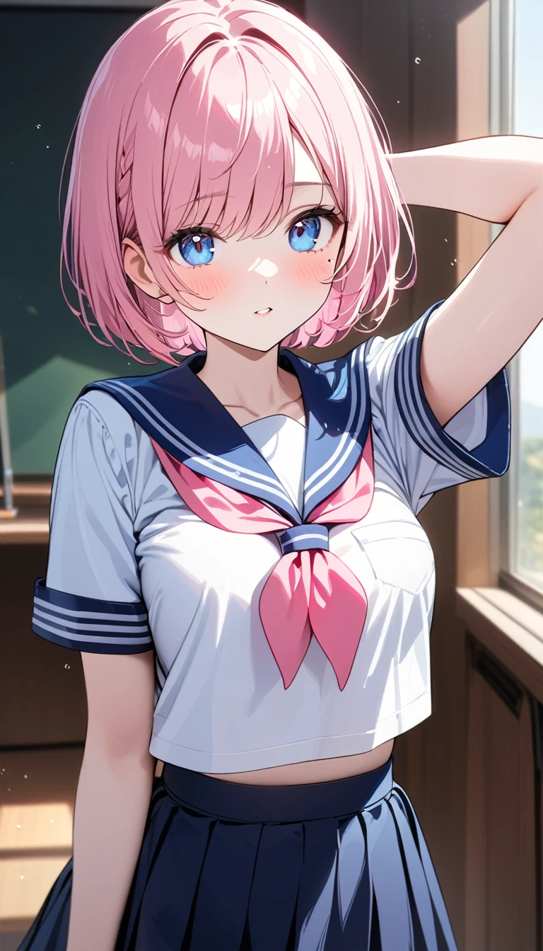 (1 girl),(Best Picture Quality, 8K, Masterpiece:1.3), (high school student:1.5), ((pink lob hair:1.1)), (bob cut),(swept bangs), (cute eyes, pupil black, iris skyblue, youthful face), (mole under right eye), (standard weight), (small breasts), (glistening skin:1.1),(pale skin:1.2),((showing armpits)), ((serafuku, white sailor short sleeve simple shirt, darkblue skirt, darkblue sailor collar, pink ribbon)).