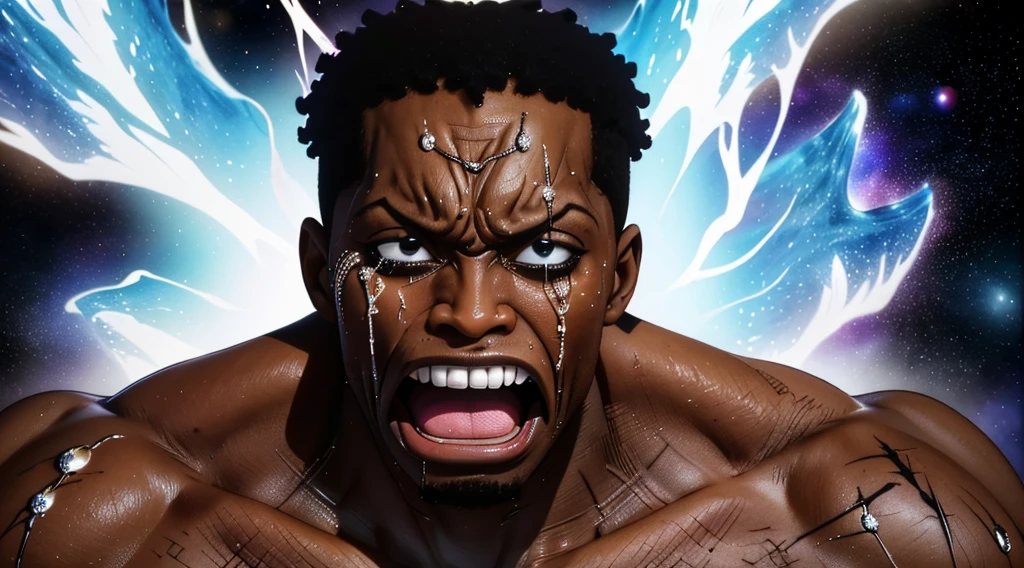 "A black man screaming in pain and suffering, with an expression of deep agony and despair. His face and body show an intensity of pain that seems to be the deepest in the entire universe., with tears in your eyes and tense muscles. The image should capture the exact moment when the pain reaches its peak, conveying a visceral and powerful sense of suffering."