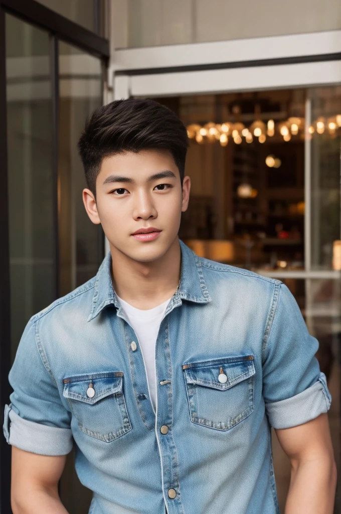 ((realistic daylight)) , Young Korean man in black sports shirt only, no pattern, denim shirt, jeans., A handsome, muscular young Asian man looks at the camera.  , in the restaurant ,turn sideways