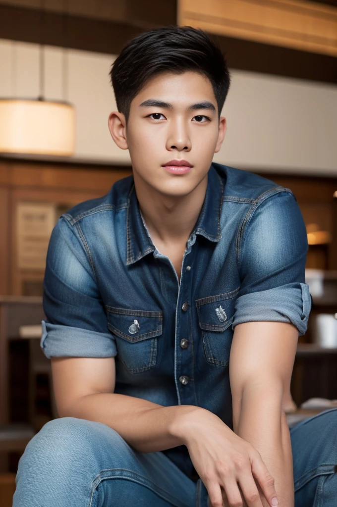 ((realistic daylight)) , Young Korean man in black sports shirt only, no pattern, denim shirt, jeans., A handsome, muscular young Asian man looks at the camera. , in the restaurant ,turn sideways