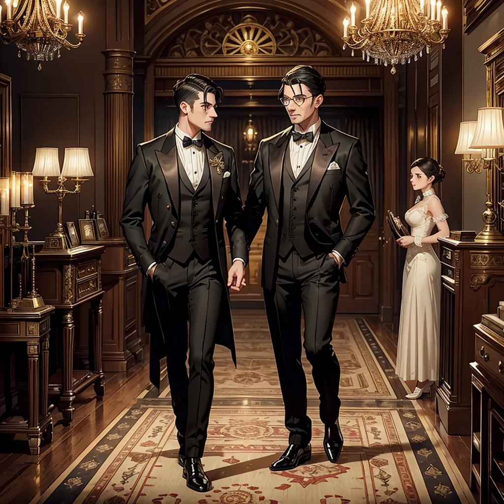 (A steam-powered butler in a dapper English gentleman's attire, with many pistons and cogs, steam vents, and complex optical lenses, obviously mechanical) tending guests at a formal dance in a grand ballroom, steampunk, highly detailed, 8k, photorealistic, dramatic lighting, warm color palette, intricate mechanical design, ornate decorations, elegant guests, ball gown dresses, tuxedos, chandelier, parquet flooring, classical music, steam-powered machinery, brass accents, gears, clockwork, industrial elements