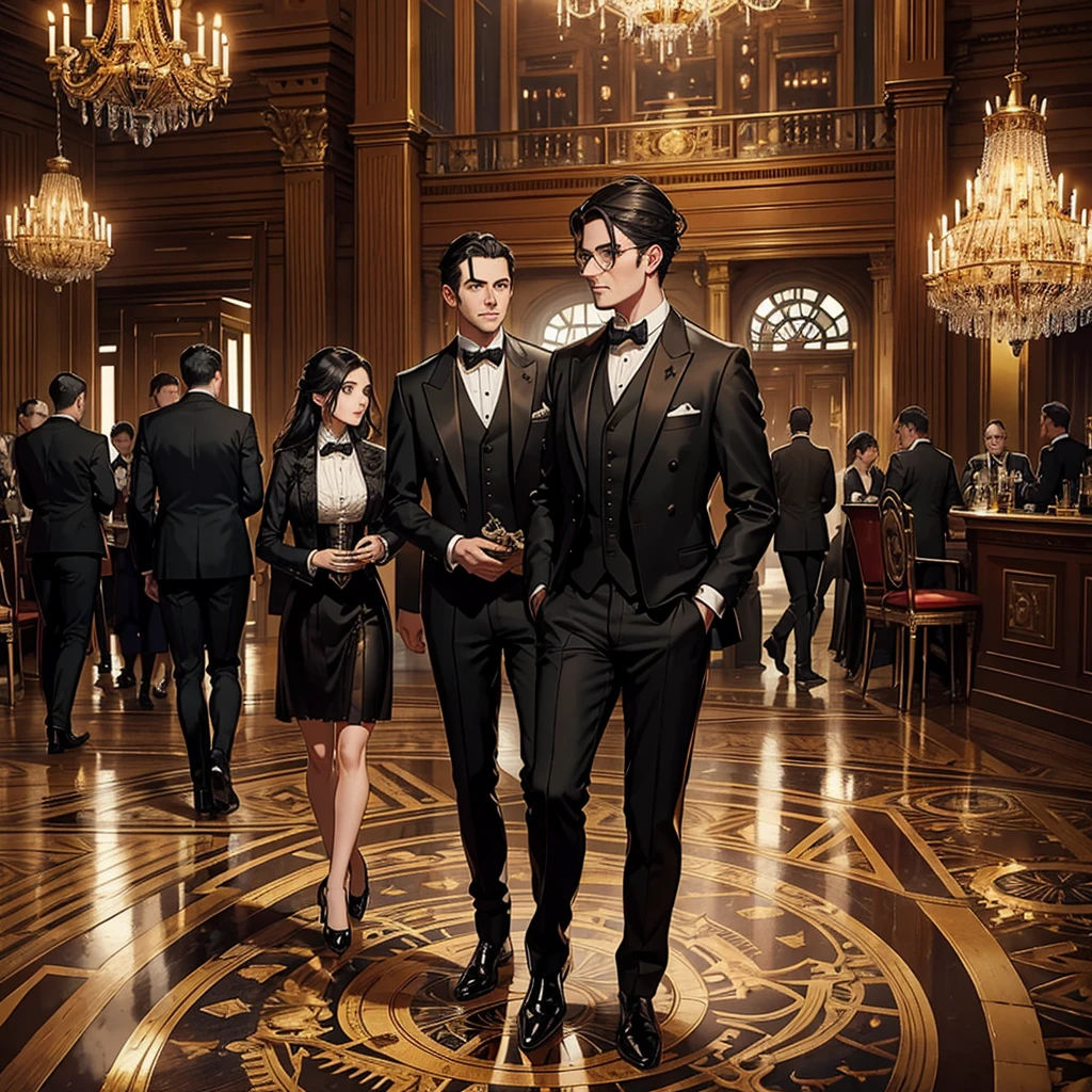 (A steam-powered butler in a dapper English gentleman's attire, with many pistons and cogs, steam vents, and complex optical lenses, obviously mechanical) tending guests at a formal dance in a grand ballroom, steampunk, highly detailed, 8k, photorealistic, dramatic lighting, warm color palette, intricate mechanical design, ornate decorations, elegant guests, ball gown dresses, tuxedos, chandelier, parquet flooring, classical music, steam-powered machinery, brass accents, gears, clockwork, industrial elements