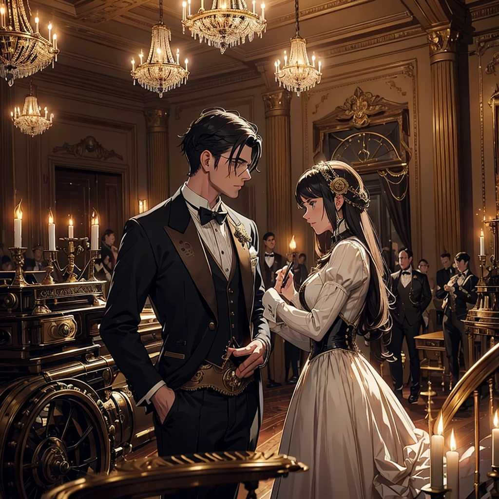 (A steam-powered butler in a dapper English gentleman's attire, with many pistons and cogs, steam vents, and complex optical lenses, obviously mechanical) tending guests at a formal dance in a grand ballroom, steampunk, highly detailed, 8k, photorealistic, dramatic lighting, warm color palette, intricate mechanical design, ornate decorations, elegant guests, ball gown dresses, tuxedos, chandelier, parquet flooring, classical music, steam-powered machinery, brass accents, gears, clockwork, industrial elements
