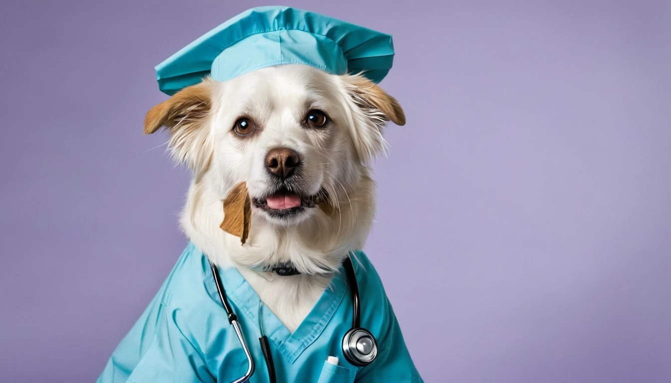 Portrait of a dog dressed in medical scrubs, with a medical hat