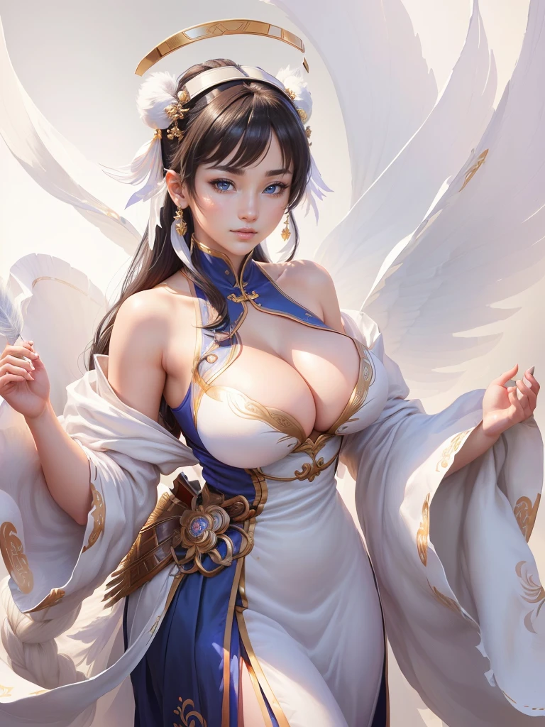 anime girl in a silver dress with a feather on her head, yun ling, portrait of chun li, portrait of chun - li, inspired by Li Mei-shu, chun li, full body xianxia, highly detailed exquisite fanart, inspired by Pu Hua, inspired by Ju Lian, yang qi, lei min, Highly detailed CG unit 8k wallpaper, masterpiece, High resolution, highest quality, highest quality real texture skin, Super Real, Digital Painting, Best image quality, 最High resolution, 8k, ((Highly detailed eyes and face, Beautiful eyes every detail)), 1girl, Full Body Shot, Saggy breasts, Gravity-dependent breasts, long chest, Heavy chest, disproportionate breasts, huge breasts, sagging breasts, gigantic breasts, erect nipple, cleavage cutout, smile, open your mouth,
