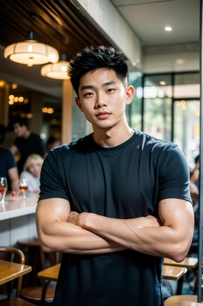 ((realistic daylight)) , Young Korean man in a black t-shirt with no pattern, a denim shirt, and jeans., A handsome, muscular young Asian man looks at the camera.  , in the restaurant ,turn sideways