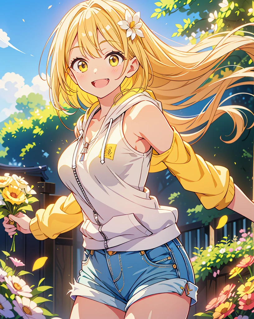 (Highest quality, 32k, High resolution, Masterpiece:1.5, ), god々A girl with a dazzling and healing power, , Expressing emotions, Have a rich imagination, Cute Japanese Girls, Perfect Human Anatomy, Magical big eyes, Motherhood and generosity, Deep Love, ((A mischievous smile:1.6)), Shiny Blonde, Super long straight silk hair swaying in the wind, Asymmetrical bangs, Hair between the eyes, Transparent, soft white skin, Sharp eyebrows, Thin lashes, Natural Makeup, Cheek highlighter, Detailed and cute lips, (Yellow zip-up hoodie with a white tank top:1.2), ((Denim shorts:1.2)), Slim figure with ample breasts, Beautifully detailed skies, ((Vibrant petal effect:1.2)), god秘的