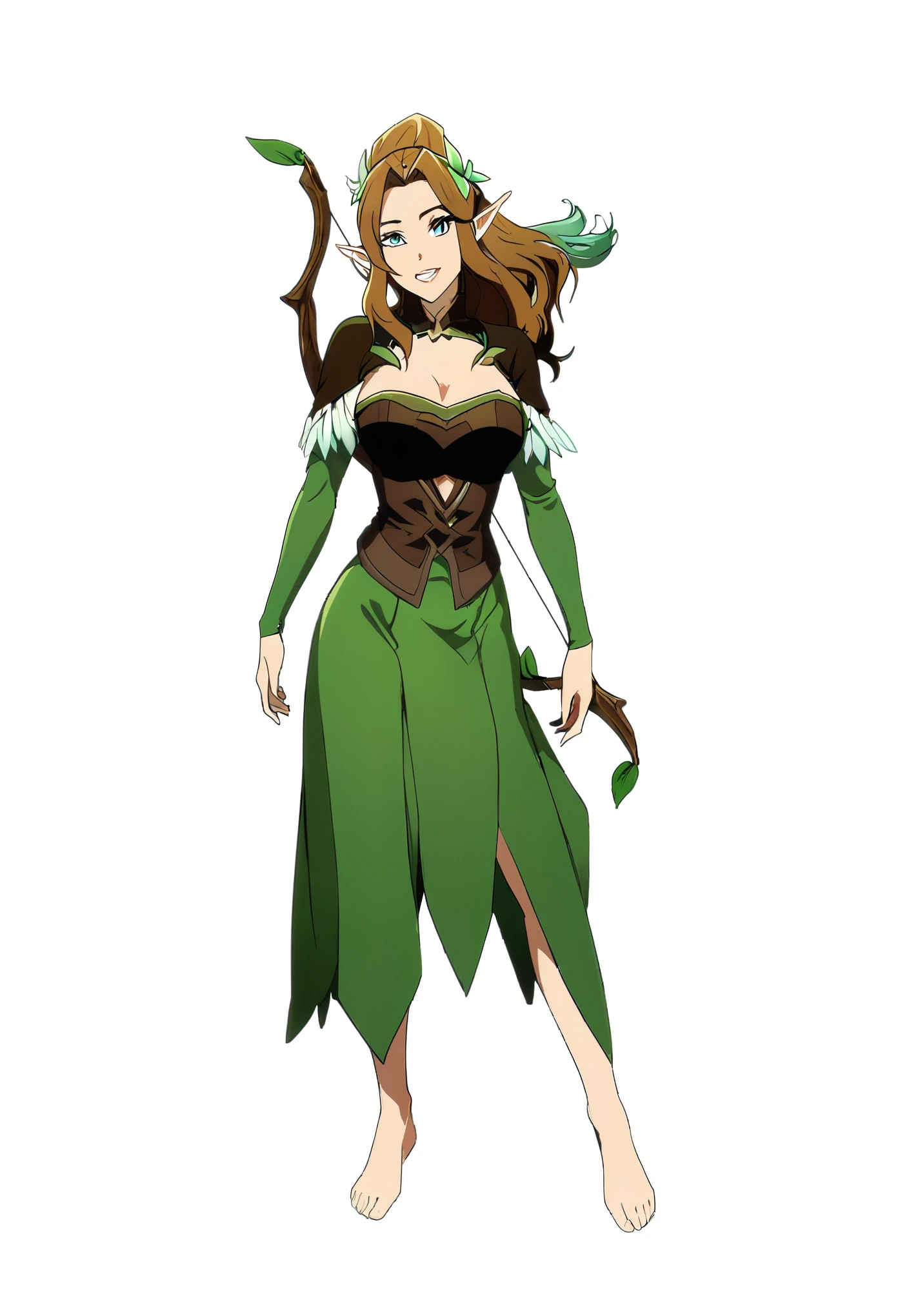 a cartoon image of a woman dressed in green holding a bow and arrow, female forest archer, female elfling, female elf, elf girl, (((mad))) elf princess, wood elf, fantasy d&d character, elf queen nissa genesis mage, elf princess, elf princess knight, fey, alluring elf princess knight, female earth mage