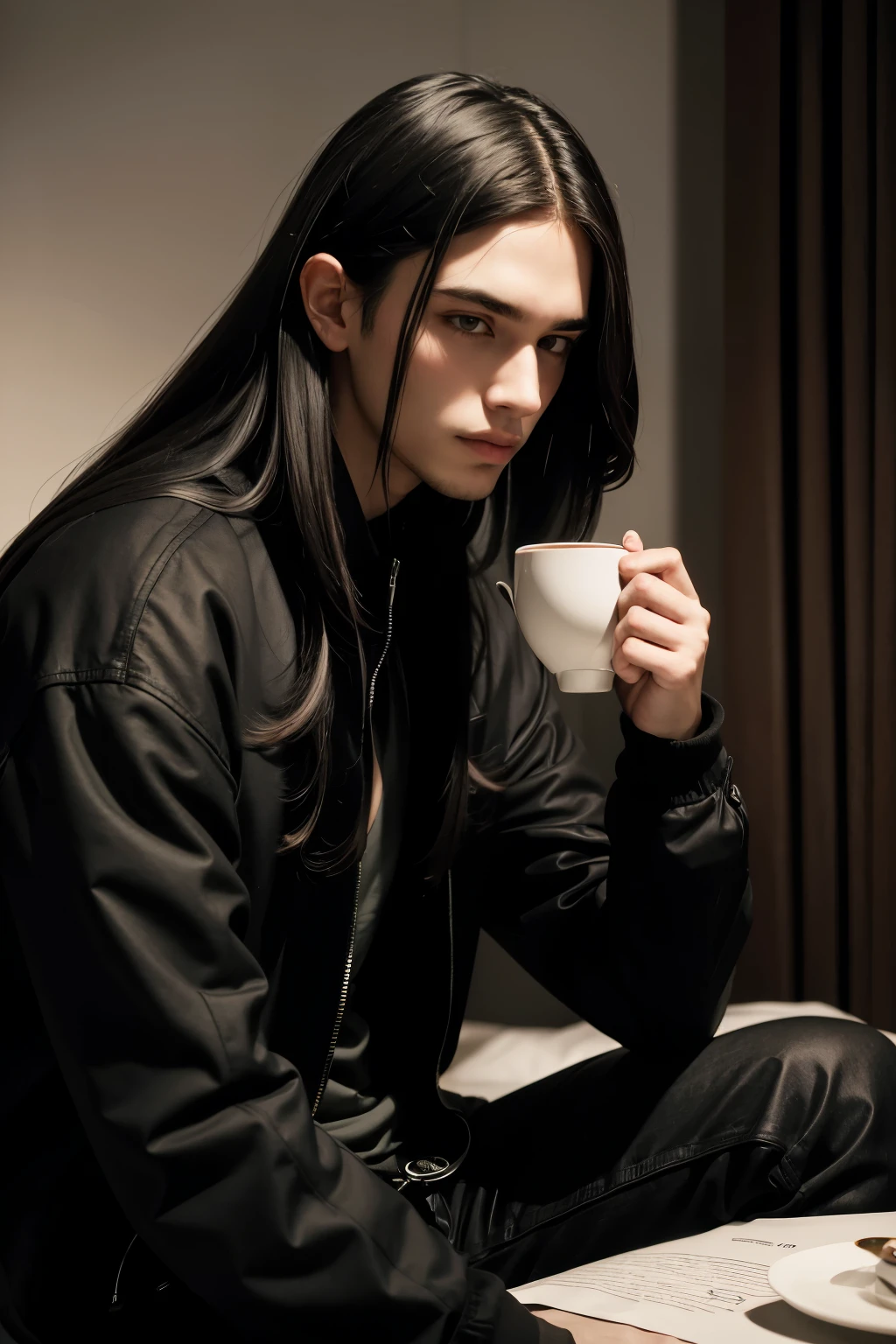 ((best qualityer)), ((work of art)), (detailded), a young adult male, blackquality hair, medium cut, Dark clothes, sitting down, CUP OF TEA IN HAND, face neutral