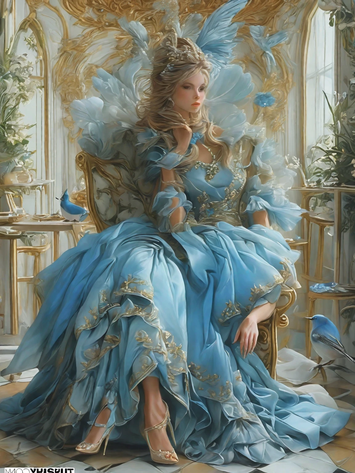 painting of a woman in a blue dress sitting on a chair, a beautiful fantasy empress, rococo queen, lovely languid princess, ((a beautiful fantasy empress)), 8k high quality detailed art, elegant digital painting, exquisite digital illustration, rococo style portrait, portrait painting of a princess, digital art of an elegant, baroque digital painting, beautiful character painting