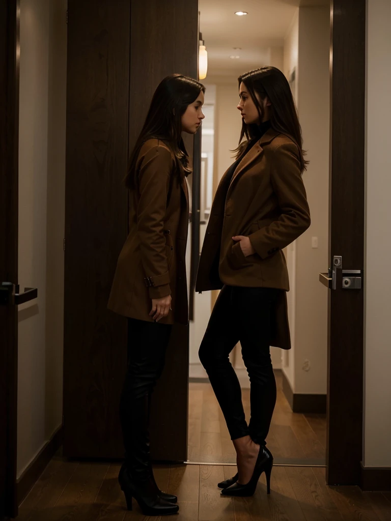 girl in profile in a brown long coat, black leggings and black heels,feet together, hands in pockets, profile photo