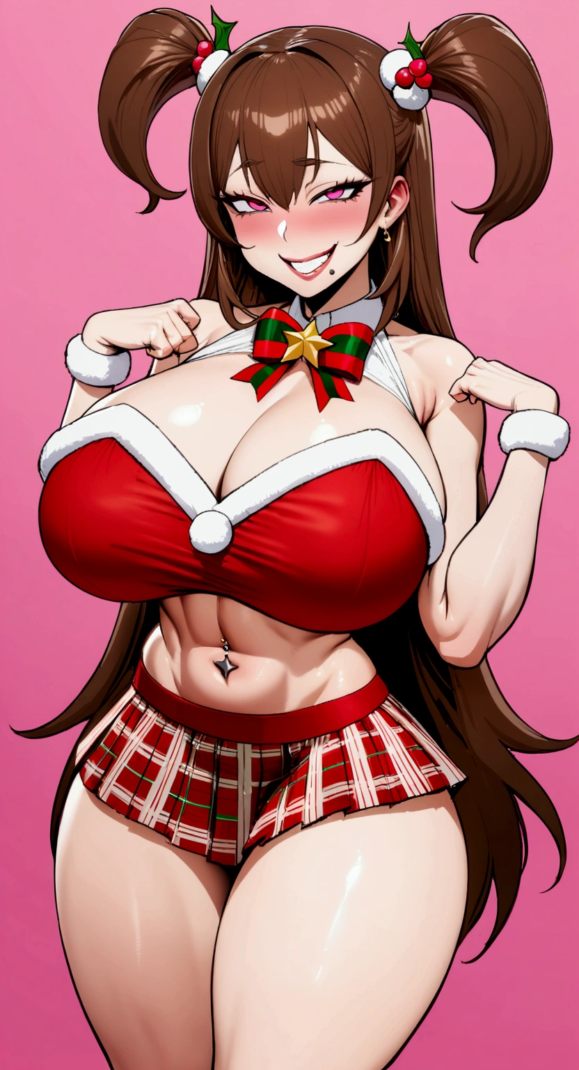 big lips, Brown hair, pink eyes, japanese face, improve, improve grin, two sides up, huge breasts, Wide hips, sexy, detailed, pink room, Hits, (evil smile1.4), kawaii, pleated skirt, Christmas, GOOD, red and white suit, plaid skirt, camisa Christmas, gargantilla Christmas, falda Christmas, camisa Christmas,navel piercing, Christmas