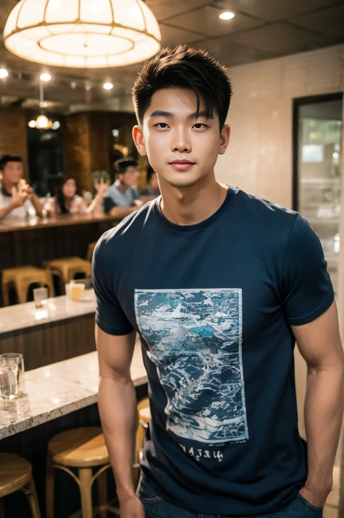 ((realistic daylight)) , Young Korean man in a black t-shirt with no pattern, a denim shirt, and jeans., A handsome, muscular young Asian man looks at the camera. , in a Thai restaurant ,turn sideways