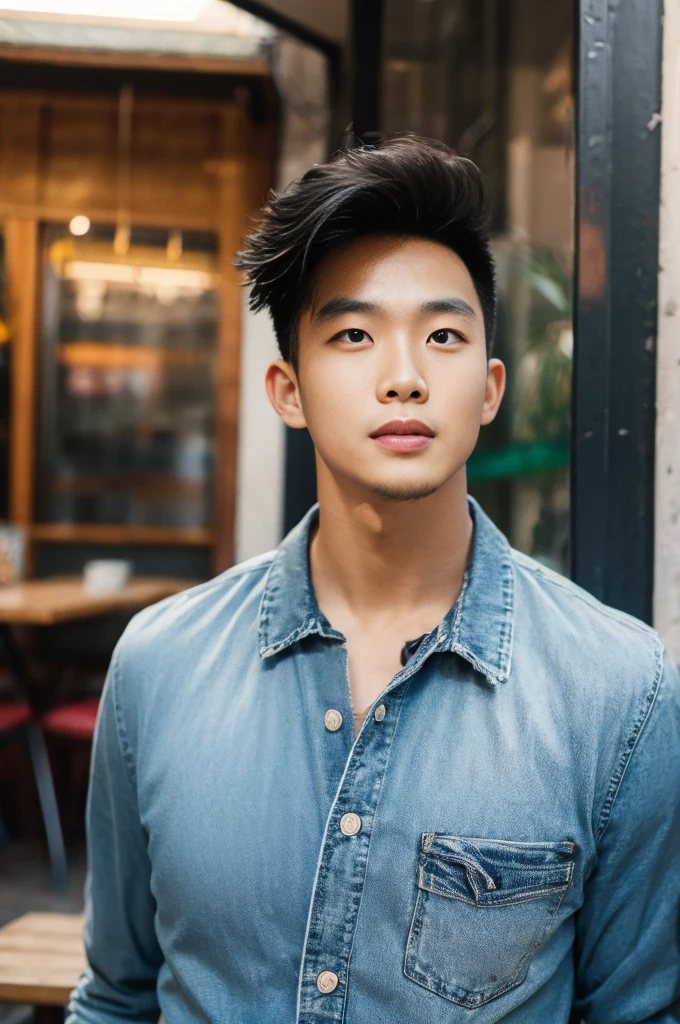 ((realistic daylight)) , Young Korean man in a black t-shirt with no pattern, a denim shirt, and jeans., A handsome, muscular young Asian man looks at the camera.  , in a Thai restaurant ,turn sideways