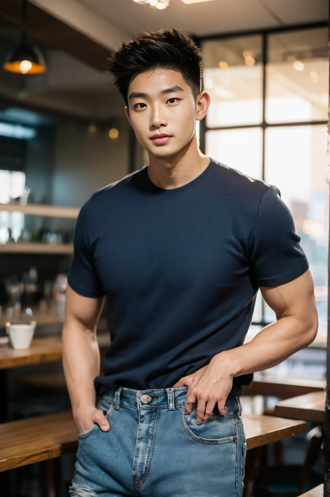 ((realistic daylight)) , Young Korean man in a black t-shirt with no pattern, a denim shirt, and jeans., A handsome, muscular young Asian man looks at the camera.  , in a Thai restaurant ,turn sideways