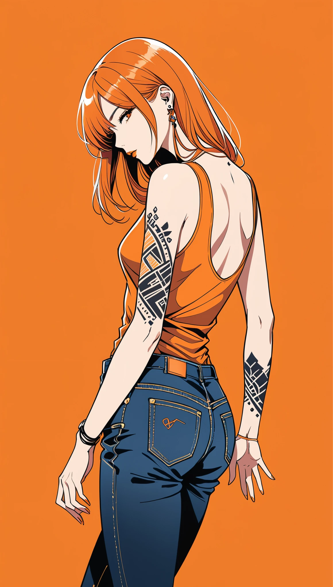 in style of Kilian Eng,Minimalist Lines and Shapes,(Tattoo Designs),closeup,1girl,独奏,Orange background,Plaid sleeveless bodysuit T-shirt,jeans,Lean forward,Standing,1 hand supports the leg,The other hand is behind his back,looking at viewer,Long orange hair,Simple style,
