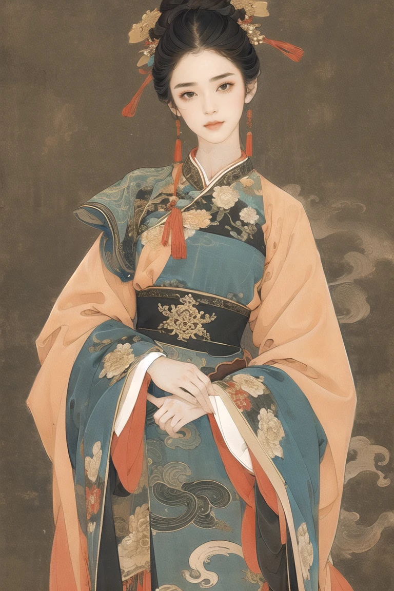 1 girl,origin,Cowboy shooting,shut your mouth, Chinese dress, A faint smile,, Simple background,