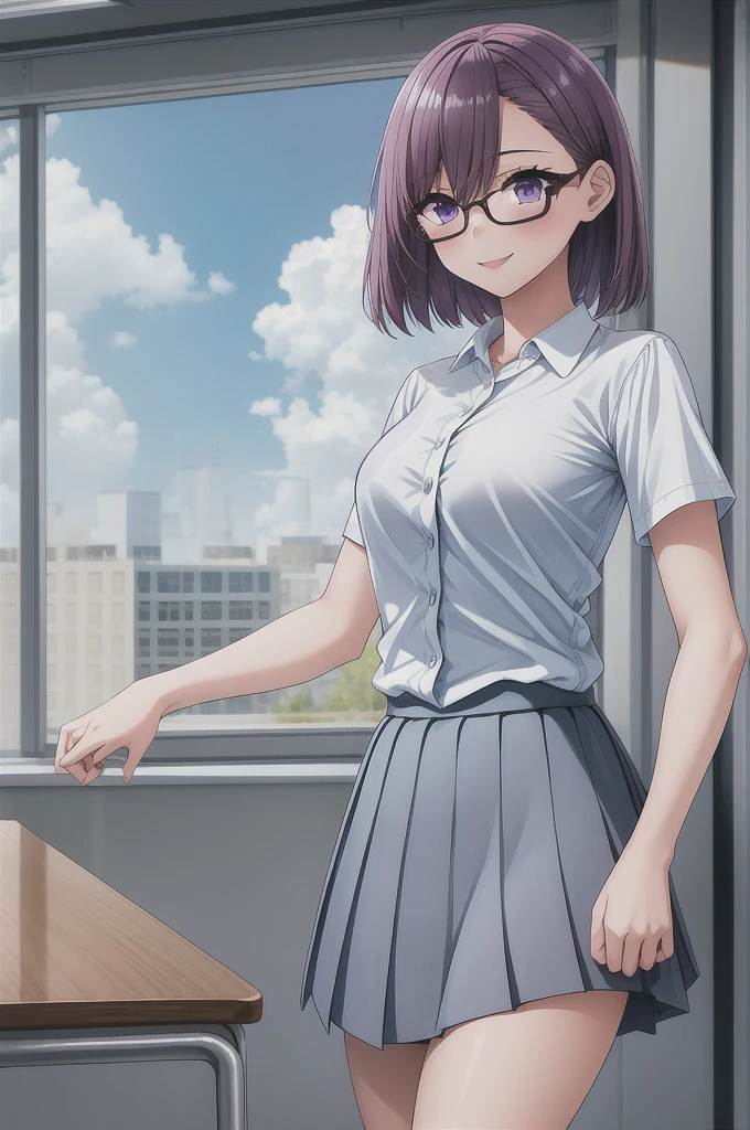 1girl, cowboy shot, classroom, smile, glasses, 
nitengojigen_ririsa, purple eyes, purple hair, short hair, bangs, , short sleeves, white shirt, pleated skirt, best quality, masterpiece, highres, 