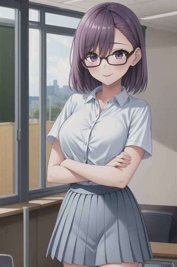 1girl, cowboy shot, classroom, smile, glasses,
nitengojigen_ririsa, purple eyes, purple hair, short hair, bangs, , short sleeves, white shirt, pleated skirt, best quality, masterpiece, highres,