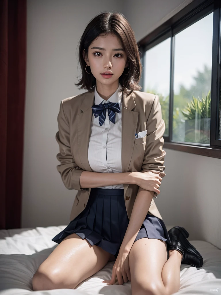 absurdres, RAW photo, extremely delicate and beautiful, masterpiece, Best Quality, ultra high resolution, 16k, hyperrealistic, ultra-detailed, perfect anatomy, super Detailed skin, perfect figure, Very detailed CG 8k wallpaper, in her 20s, very Slim body, narrow waist, very small head, very small face, delicate facial features, tearful mole, earring, thin legs, (very huge round breasts), ((full body shot)), short hair, (wavy hair), light brown hair, 1 girls, ((sweat)), ((school uniform)), (blazer),