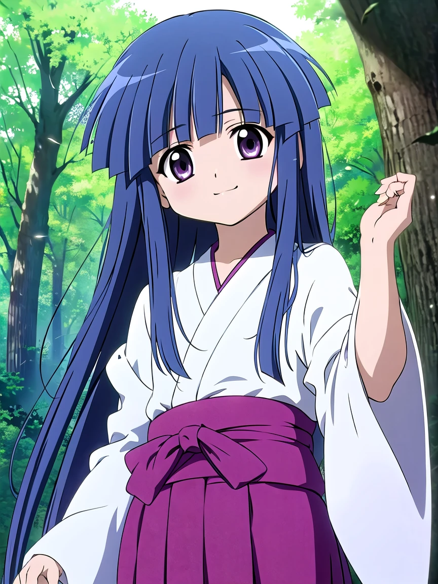 ((masterpiece, best quality)),high resolution,ultra detailed,8k,16k,detailed background, perfect lighting, 1girl,solo,look at viewer,furude rika,blue hair,purple eyes,very long hair,blunt bangs,cluster amaryllis,forest,shrine maiden clothes,red hakama,miko