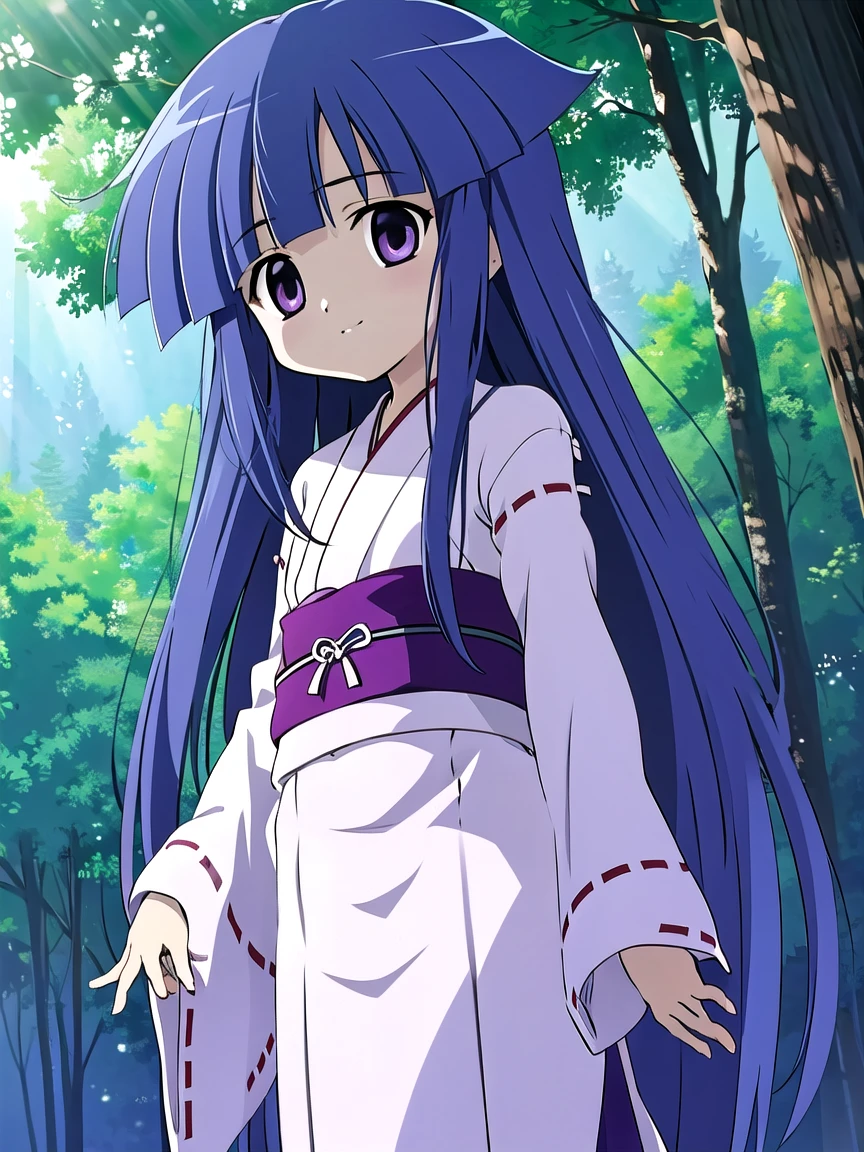 ((masterpiece, best quality)),high resolution,ultra detailed,8k,16k,detailed background, perfect lighting, 1girl,solo,look at viewer,furude rika,blue hair,purple eyes,very long hair,blunt bangs,cluster amaryllis,forest,shrine maiden clothes,red hakama,miko