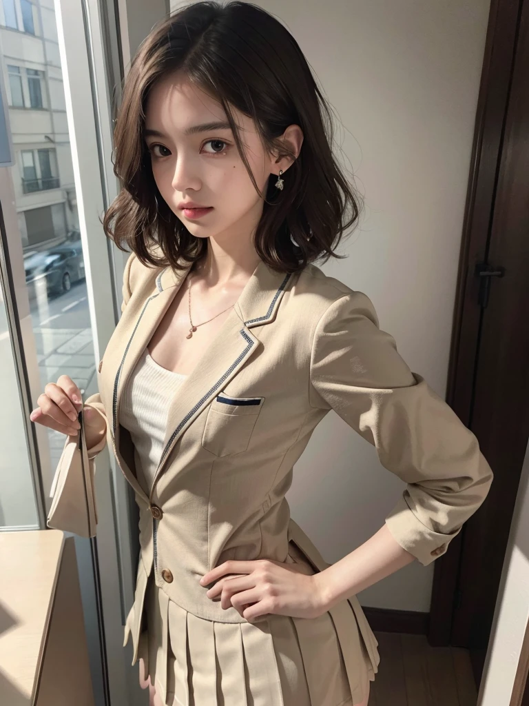 absurdres, RAW photo, extremely delicate and beautiful, masterpiece, Best Quality, ultra high resolution, 32k, hyperrealistic, ultra-detailed, perfect ???????, super Detailed skin, perfect figure, in her 20s, very Slim body, narrow waist, very small head, very small face, delicate facial features, tearful mole, earring, thin legs, (very huge round breasts), ((full body shot)), short hair, (wavy hair), light brown hair, 1 girls, ((sweat)), ((school uniform)), (blazer),