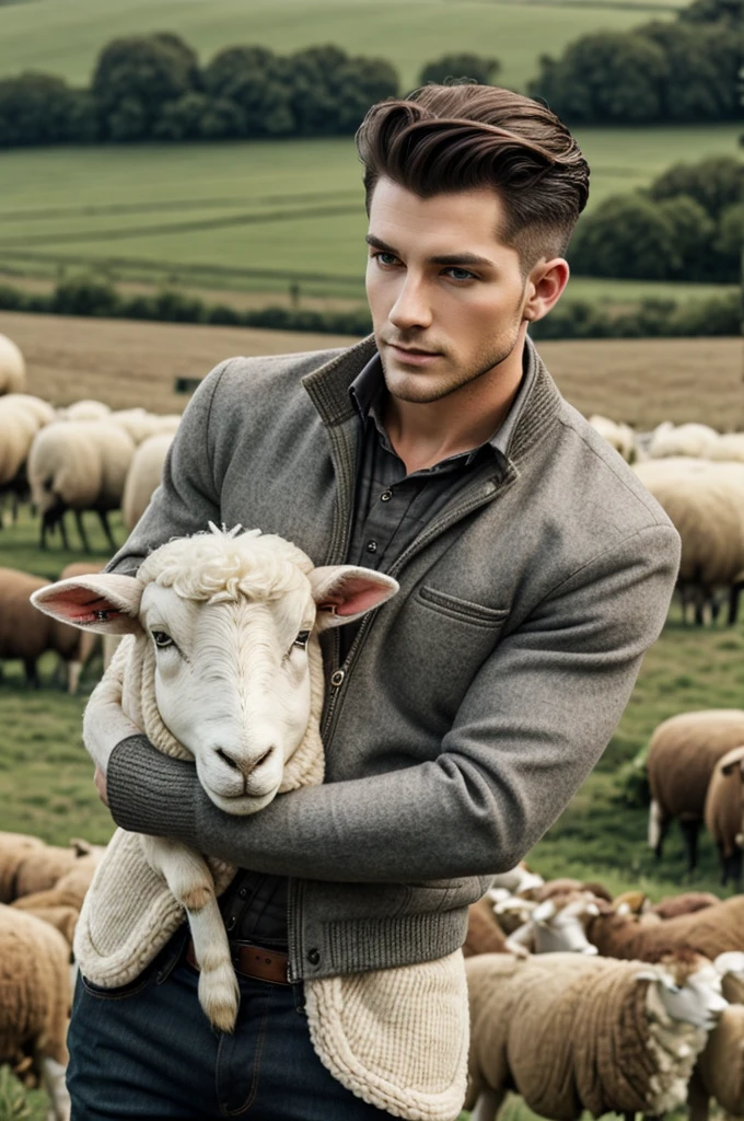 masculine, anthropomorph, sheep, grey wool, Twink body, green eyes, sheepish look, clothed, farmer, Pompadour, Field setting