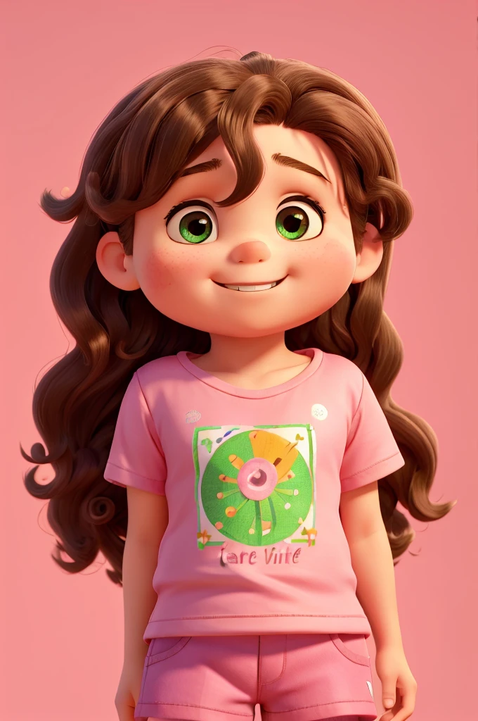 work of art, best qualityer, a 10 year old  who is a little chubbier, Grinning, on the American, long hair with beautiful curls and brown eyes, wearing pink t-shirt and shorts, with green background