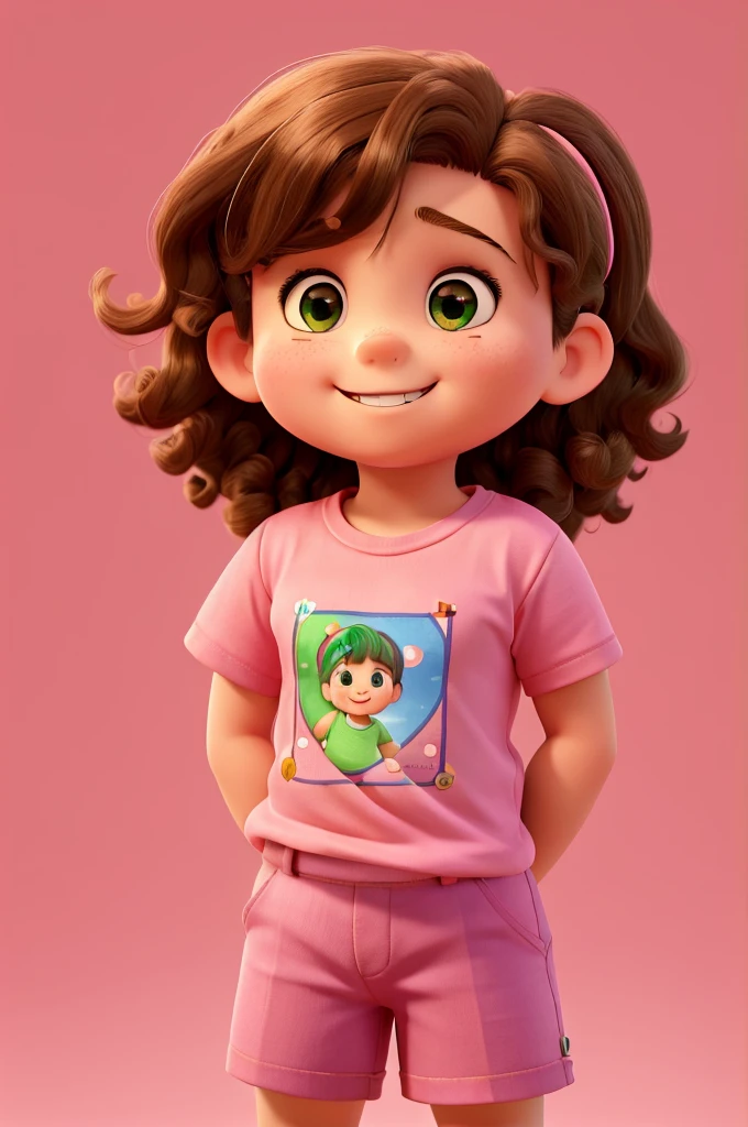 work of art, best qualityer, a 10 year old  who is a little chubbier, on the American, long hair with beautiful curls and brown eyes, wearing pink t-shirt and shorts, sem plano de fundo