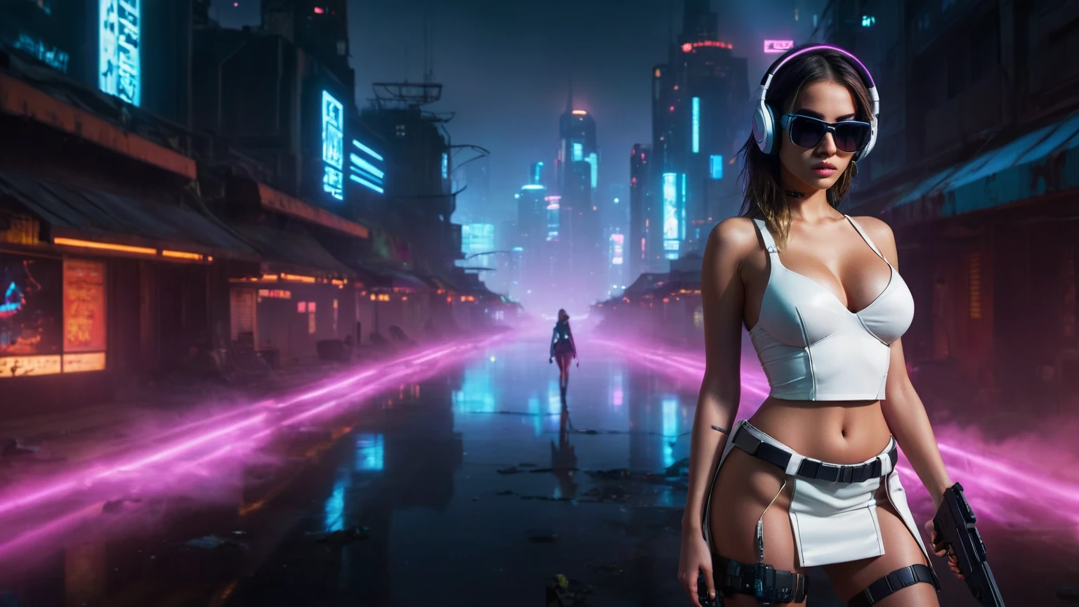 dark futuristic landscape, at night, neon lights, Atmospheric fog, large buildings in the background, futuristic city, streets with open shops, skyscraper (postapocalyptic city:1.3). (((1girl, solo, alone))), large-breast:1.2 slim body, cleavage:1.1, sexy miniskirt, (((headphone, black sunglasses, standing and holding pistol pose))), (((half-body thigh level medium shot))), cinematic lighting, lens flare, ray tracing.
