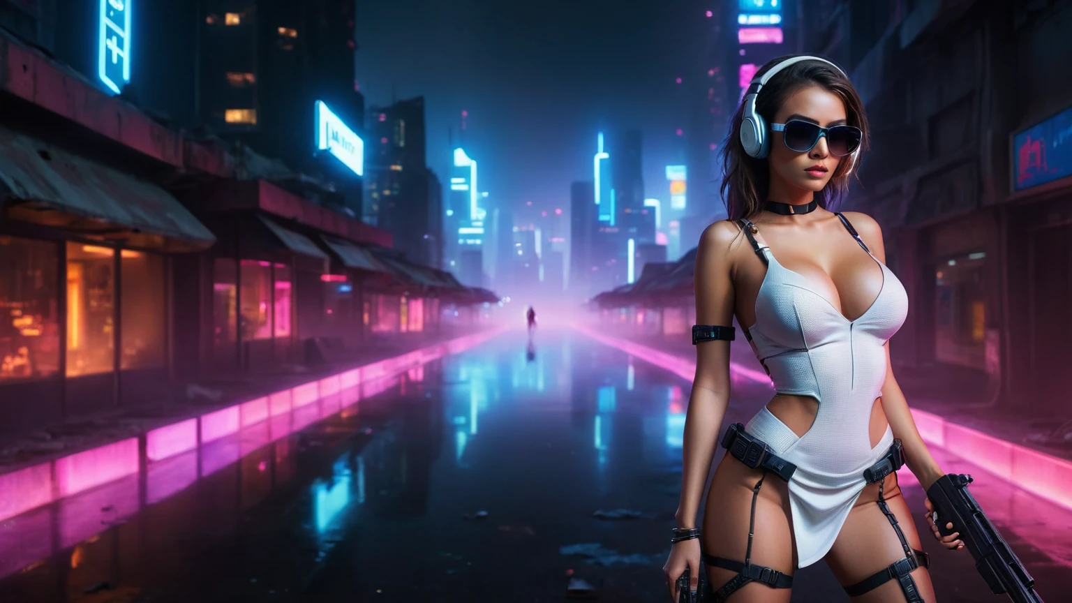 dark futuristic landscape, at night, neon lights, Atmospheric fog, large buildings in the background, futuristic city, streets with open shops, skyscraper (postapocalyptic city:1.3). (((1girl, solo, alone))), large-breast:1.2 slim body, cleavage:1.1, sexy miniskirt, (((headphone, black sunglasses, standing and holding pistol pose))), (((half-body thigh level medium shot))), cinematic lighting, lens flare, ray tracing.