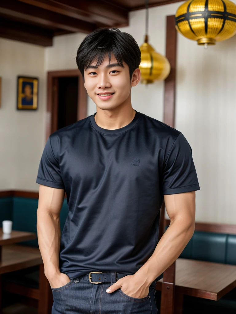 独奏: 1.5, (As a matter of fact, Masterpiece, 8k HD, good light quality, sportswear, fit the face, complicated details), A handsome Korean young man with muscular arms. , 20 years old, be happy, smile brightly, detailed face, delicate eyes, look at the sky, Wear a navy tight T-shirt.:1.6 ,Wear a denim coat., jeans period, black eyes, Black hair color, ผมsmooth, smooth,Surreal,Superb details,Highest quality,real,Open your mouth to talk. , Close your eyes., (Standing in a Thai restaurant, Burmese temple:1.1)