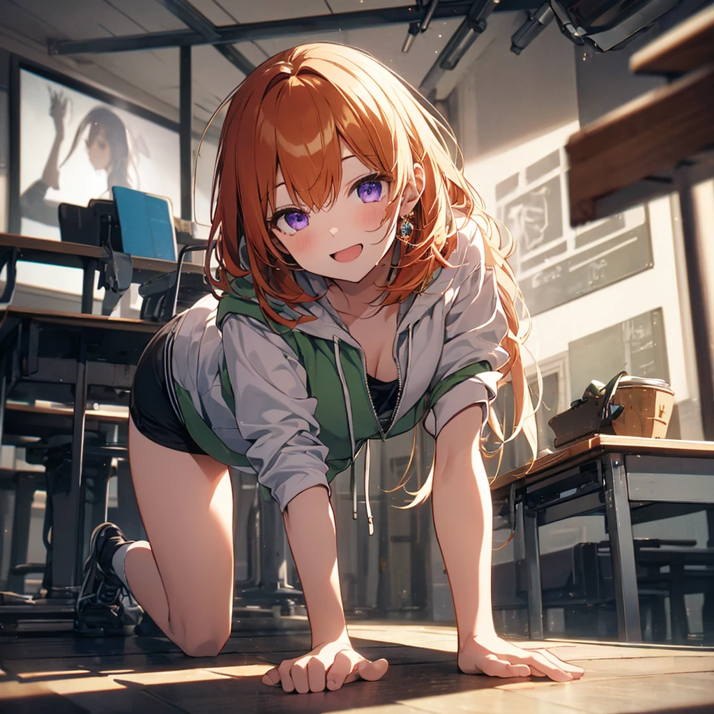 (Recall,On all fours:1.3),(Camel Toe:1.3),Highest quality,Best image quality,Perfect Anatomy,masterpiece,Ultra-detailed,beautiful,super high quality, Highest quality,High resolution, Very detailed,Game CG,Dutch Angle ,beautiful細部までこだわった目,Visual Arts,Five Fingers, Perfect hands,Hide your hands, {{{One Girl}}}, beautiful詳細な***, Game CG, Spring flower, One curl on the outside, Short Bob Hair, Pastel orange hair, Purple eyes,Stylish accessories solo, breast enhancement, Medium Shoot, woman, Take-out, Laughter, huge ,,Pastel green checkered mini skirt,Black knee-highs, {{{{{Wearing a pastel green hoodie}}}}},Open your mouth, Daytime Classroom, wonderful, beautiful細部までこだわった目, Highest quality, Very delicate,Masseter muscle area,Highest quality,(Official Art、Highest quality、Unity 8k wallpaper、32k、masterpiece、Ultra-detailed、超High resolution、Realistic、Photorealistic:1.2)、(Cinema Lighting:1.2)、Fire Glow Effect、The most grainy shadows on the film、Side light、Side Shot、(Ultra-detailedで複雑な3Dレンダリング)、Atelier Series,