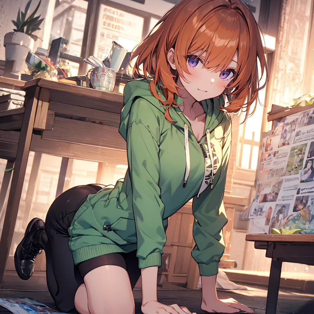 (Recall,On all fours:1.3),(Camel Toe:1.3),Highest quality,Best image quality,Perfect Anatomy,masterpiece,Ultra-detailed,beautiful,super high quality, Highest quality,High resolution, Very detailed,Game CG,Dutch Angle ,beautiful細部までこだわった目,Visual Arts,Five Fingers, Perfect hands,Hide your hands, {{{One Girl}}}, beautiful詳細な女の子, Game CG, Spring flower, One curl on the outside, Short Bob Hair, Pastel orange hair, Purple eyes,Stylish accessories solo, breast enhancement, Medium Shoot, woman, Take-out, Laughter, huge ,,Pastel green checkered mini skirt,Black knee-highs, {{{{{Wearing a pastel green hoodie}}}}},Open your mouth, Daytime Classroom, wonderful, beautiful細部までこだわった目, Highest quality, Very delicate,Masseter muscle area,Highest quality,(Official Art、Highest quality、Unity 8k wallpaper、32k、masterpiece、Ultra-detailed、超High resolution、Realistic、Photorealistic:1.2)、(Cinema Lighting:1.2)、Fire Glow Effect、The most grainy shadows on the film、Side light、Side Shot、(Ultra-detailedで複雑な3Dレンダリング)、Atelier Series,