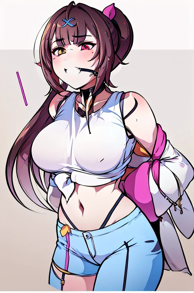 (masterpiece, best quality), 1girl,    hoshikawasaraNS, 1girl, JamOrbital,solo, long hair, hair ornament, long sleeves, navel, bare shoulders, hair ribbon,wide sleeves, side ponytail,crop top,sleeveless shirt,thigh strap, heterochromia, highleg,  x hair ornament, front-tie top, strap slip, blue shorts,jacket,open jacket,(gagged)