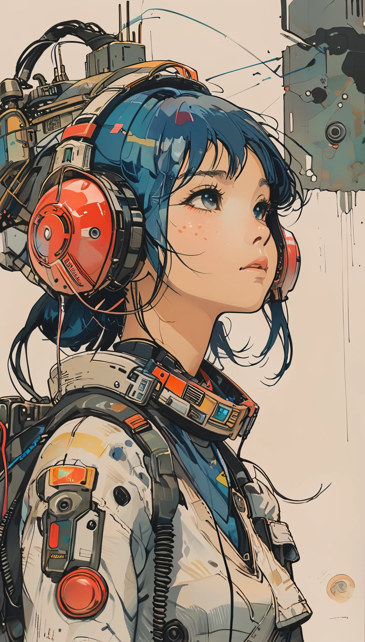 sketch、The Style of Kawanabe Kyosai、Girl、Headphones、Look Up、cyber punk、Helmet、
