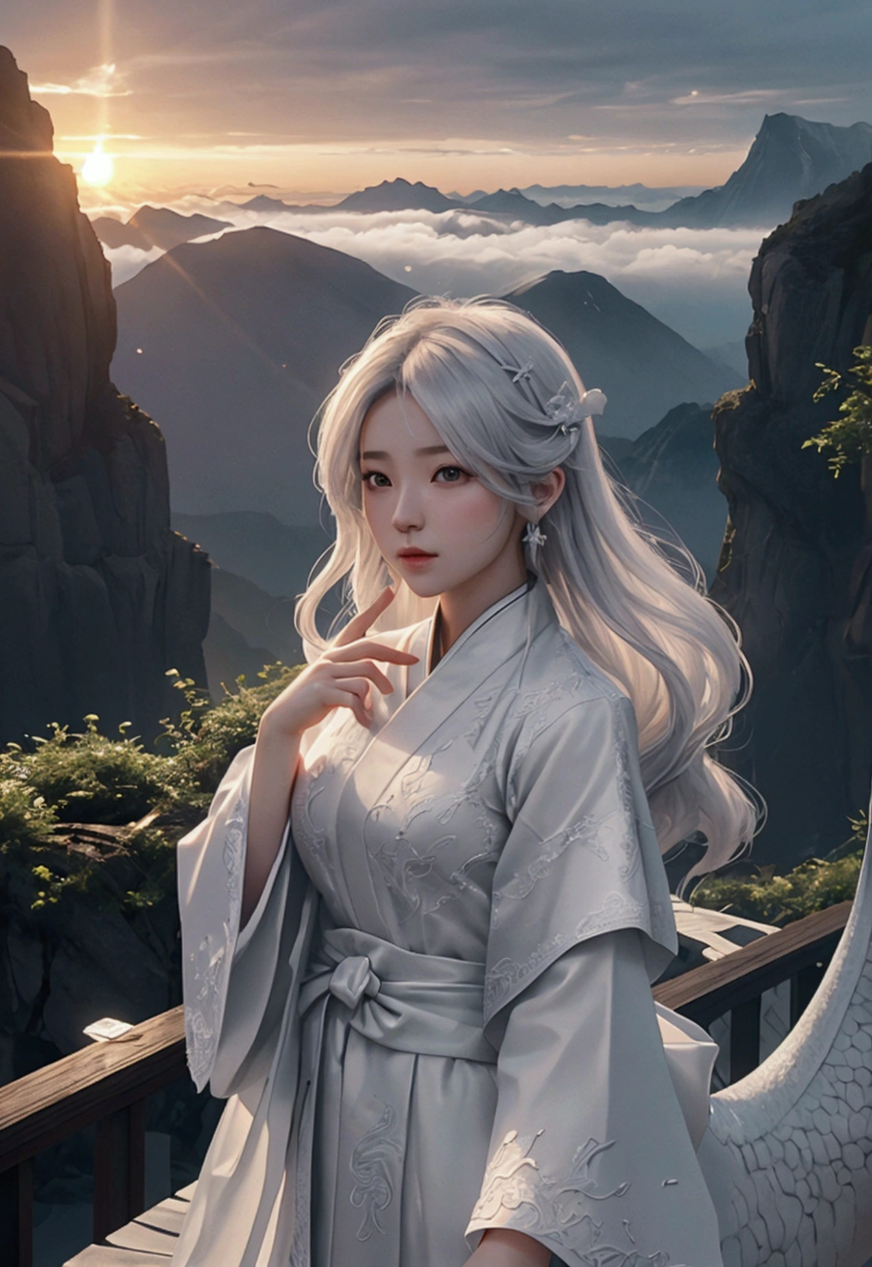 ((best q(RAW Photos, Highest品質), (realism, realism: 1.3), NVIDIA RTX Ray Tracing, Octane Rendering, High resolution, Very delicate and beautiful, Highest, finely detailed, masterpiece, Super detailed, expensive, (Highestのイラスト), (Highestの色合い), Complex, Beardless, Delicate facial features,Enter the cloud, White Dragon, immortal, 巨大な白い中国のRonの前で., (Ron: 1.4), cloud, strict, Mountain, Sunset, Sharp focus, Perfect synthesis, Fantasy, Complex, Majestic, More information, Volumetric Fog, 8K Ultra HD, Digital SLR, high quality,