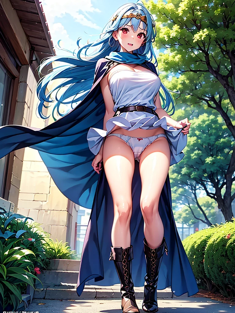 (An adult woman is standing and lifting her skirt., Grab the hem of your skirt, 地面から上にWindがふきスカートがめくれてパンティが見えている, Sexy and cute white panties:1:3), Beautiful Anime Woman, Beautiful art style, Anime characters, ((Smooth texture, Realistic texture, アニメCGWind)), ((Highest quality)), (Very detailed), (Very detailed CG 統合 8k 壁紙), Very detailed, High-resolution RAW color photos, Professional photography, masterpiece, Highest quality, beautiful and big breasts, Slender body, (Stunningly beautiful woman), (Detailed face:1.2), (Blue Hair, White Dress, White mini skirt, belt, Red eyes, Circlet, boots, Blue Cape:1.3), Outdoor, nature, Wind, Perfect lighting, Perfect Shadow, Exact number of arms, Exact number of legs, Perfect Anatomy, Exact finger count、Exact number of legs、(Exact number of arms:1.0, Exact number of hands:1.0), (Perfect hands, Perfect Anatomy), (Embarrassed expression), Angle from the front