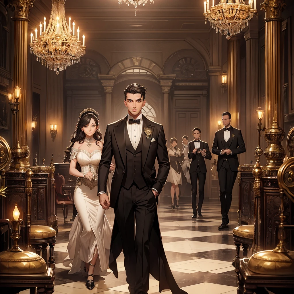 (A steam-powered butler in a dapper English gentleman's attire, with many pistons and cogs, steam vents, and complex optical lenses, obviously mechanical) tending guests at a formal dance in a grand ballroom, steampunk, highly detailed, 8k, photorealistic, dramatic lighting, warm color palette, intricate mechanical design, ornate decorations, elegant guests, ball gown dresses, tuxedos, chandelier, parquet flooring, classical music, steam-powered machinery, brass accents, gears, clockwork, industrial elements
