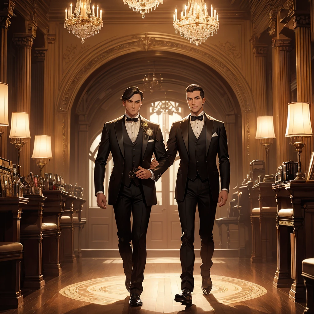 (A steam-powered butler in a dapper English gentleman's attire, with many pistons and cogs, steam vents, and complex optical lenses, obviously mechanical) tending guests at a formal dance in a grand ballroom, steampunk, highly detailed, 8k, photorealistic, dramatic lighting, warm color palette, intricate mechanical design, ornate decorations, elegant guests, ball gown dresses, tuxedos, chandelier, parquet flooring, classical music, steam-powered machinery, brass accents, gears, clockwork, industrial elements