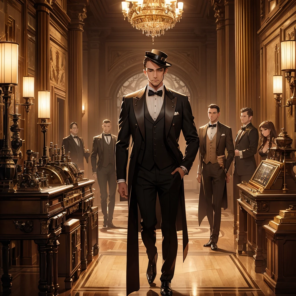 (A steam-powered butler in a dapper English gentleman's attire, with many pistons and cogs, steam vents, and complex optical lenses, obviously mechanical) tending guests at a formal dance in a grand ballroom, steampunk, highly detailed, 8k, photorealistic, dramatic lighting, warm color palette, intricate mechanical design, ornate decorations, elegant guests, ball gown dresses, tuxedos, chandelier, parquet flooring, classical music, steam-powered machinery, brass accents, gears, clockwork, industrial elements